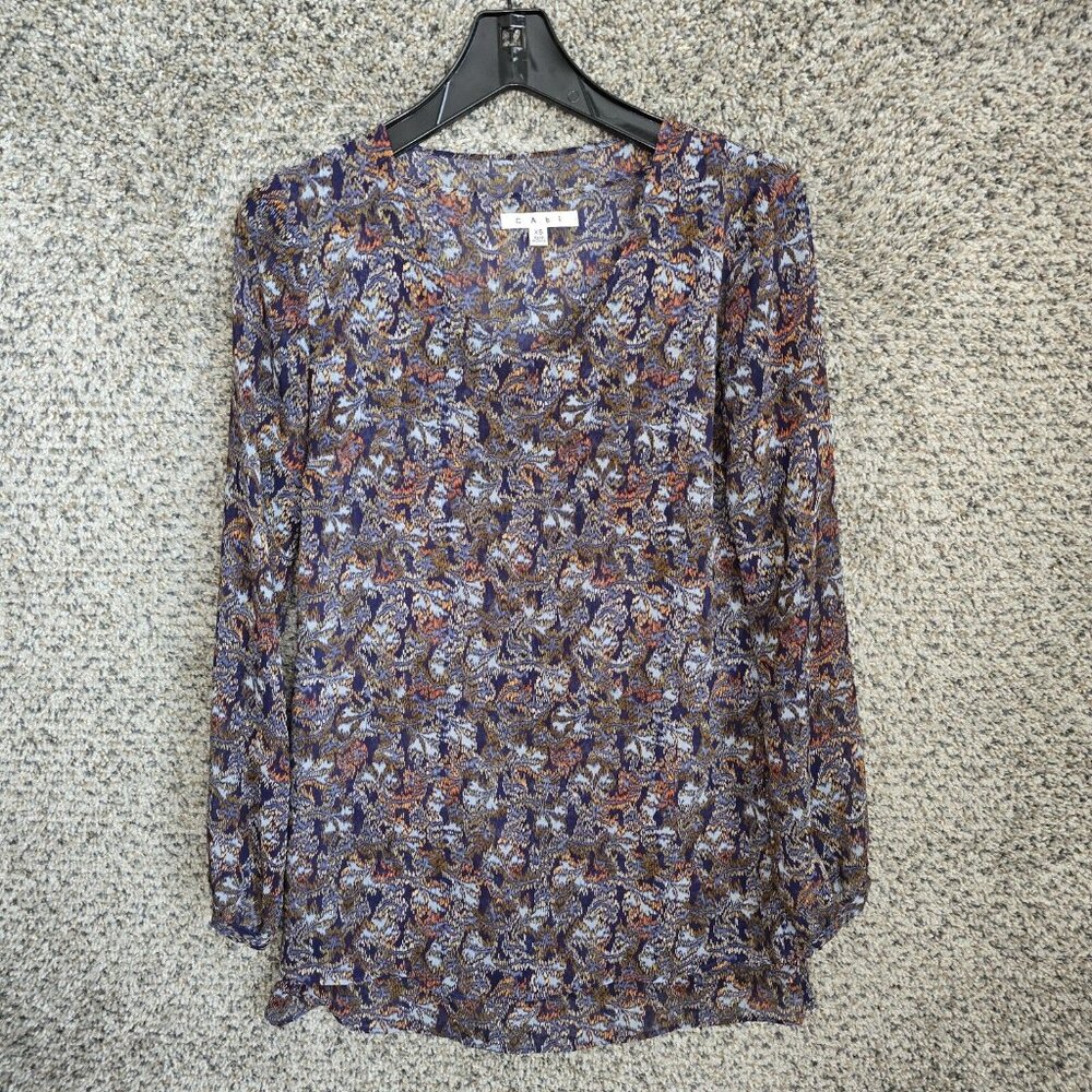 CAbi Top Womens XS Blue Tapestry Print Long Sleeve Semi Sheer Blouse Style 157